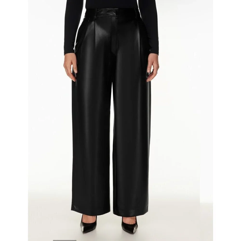 Babaton faux leather Pleated wide legs pants, Black, Size 2 K44